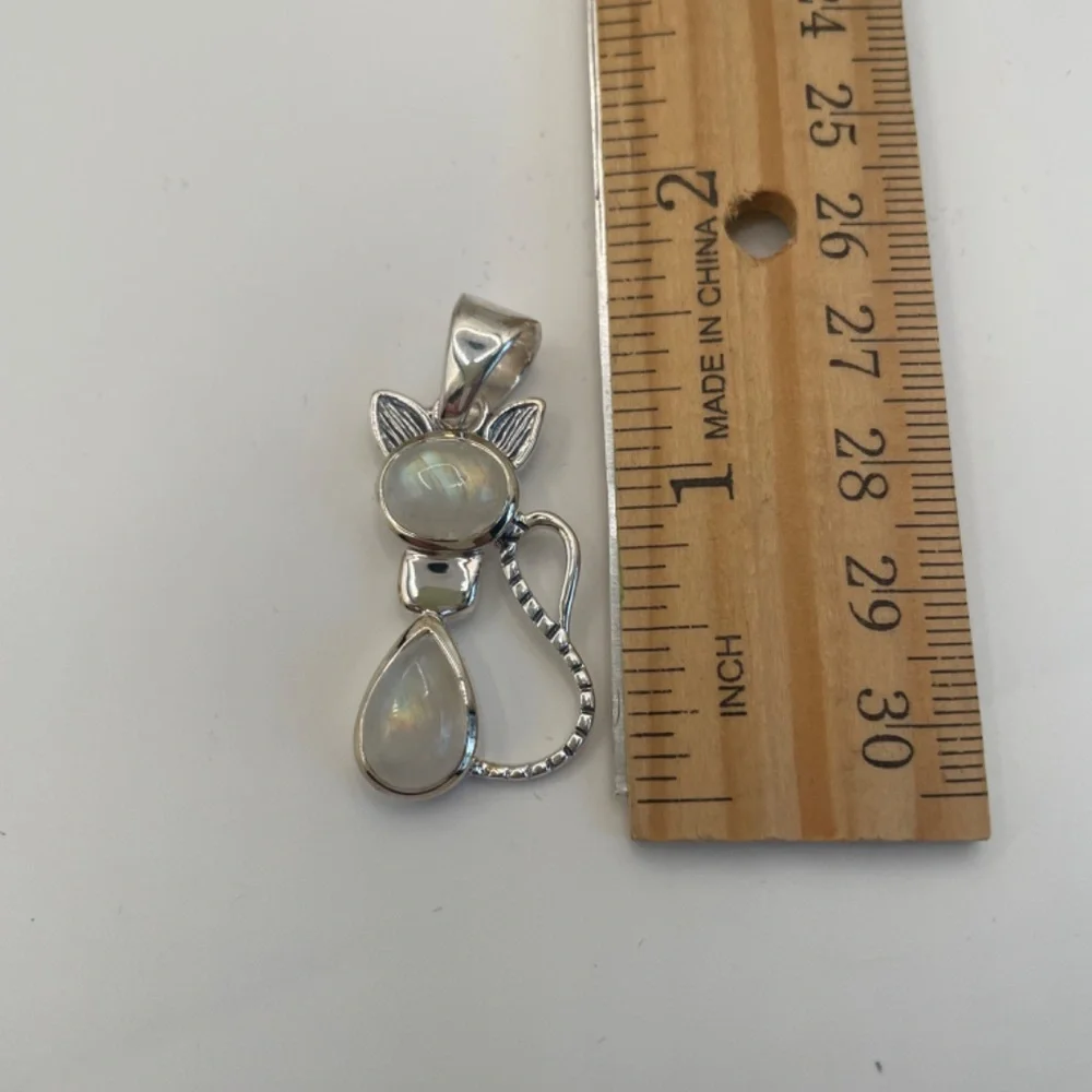 Pear & Oval Cabochon Rainbow Moonstone Silver Cat Pendant